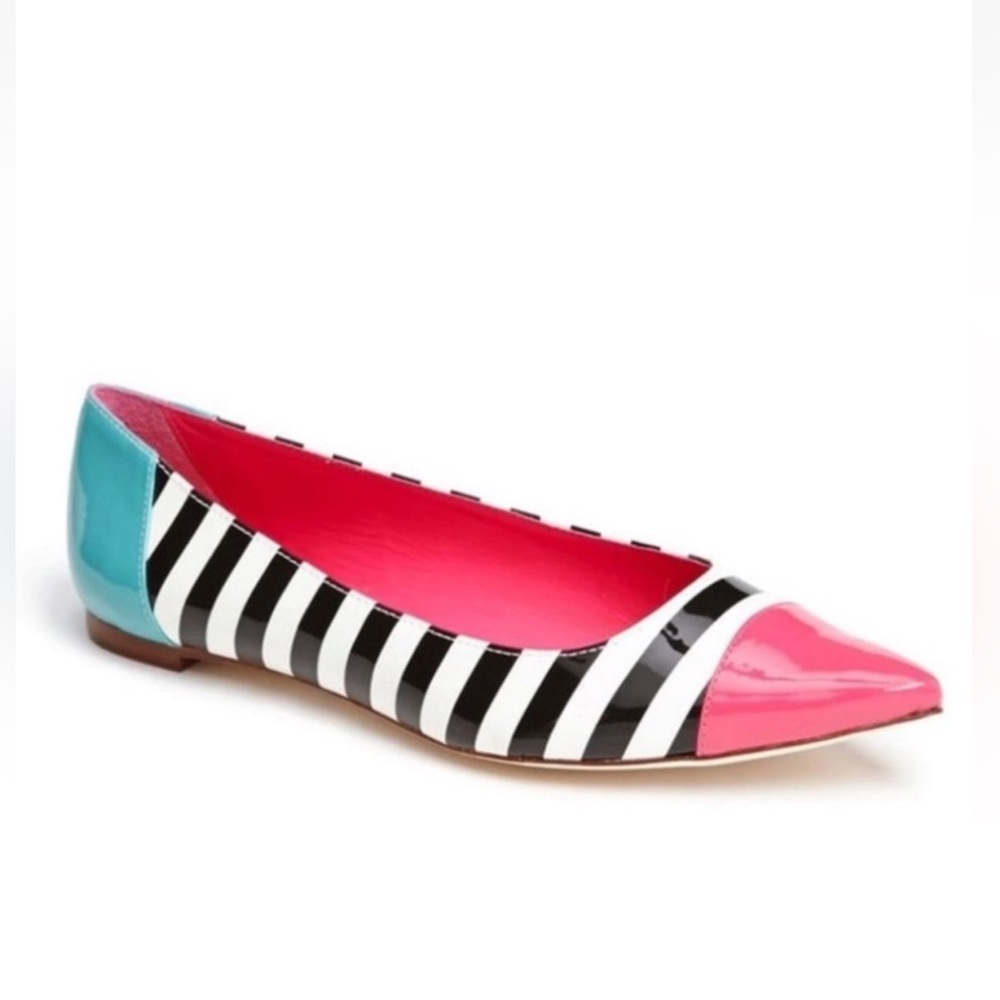 kate spade Black and White Striped Flats with Pink and Blue Accents